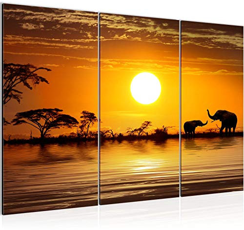 Runa Art Wandbilder Afrika Elefant Bild XXL Wohnzimmer Schlafzimmer Orange Panorama Savanne 120 x 80 cm 3 Teilig 000531a