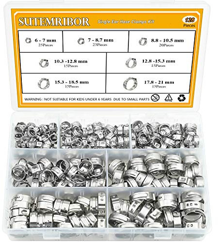 Sutemribor 304 Stainless Steel 7-21mm Single Ear stepless Hose Clamps Assortment Kit, 128PCS