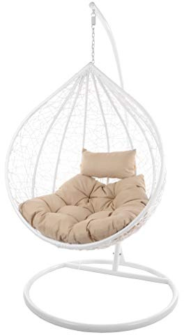 KIDEO Komplettset: großer Hängesessel mit Gestell & Kissen, Korbsessel, Poly-Rattan (Korb & Gestell: weiß, Kissen: Hellbraun Chester-Stepp (7007_capucchino))