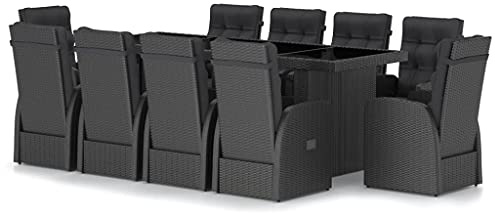 vidaXL Gartenmöbel 11-TLG. mit Auflagen Sitzgruppe Gartengarnitur Sitzgarnitur Gartenset Gartentisch Liegestuhl Tisch Stühle Poly Rattan Schwarz