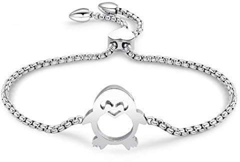 Canarea 1 Pcs Armband Damen Mädchen Frauen Armreif 316L Titanstahl Mode Mini Pinguin Tier Süss Charm Armkettchen Armbänder-Verstellbar (Silber)