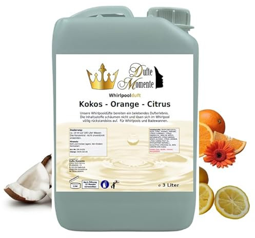 Dufte Momente | Whirlpool Duft 3 Liter | Kokos - Orange - Citrus | mit naturreinen und natürlichen ätherischen Ölen | kein Schaum | vegan und ohne Tierversuche