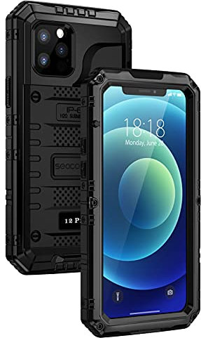 seacosmo iPhone 12 Pro (6.1) IP68 Wasserdicht Hülle, Militärstandard Schutzhülle mit Eingebautem Displayschutz Stoßfest Metall Handyhülle für iPhone 12 Pro, Schwarz