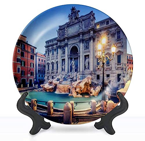 XQSSAHRRNIEV Keramik-Teller zum Aufhängen, dekorativer Teller Trevi-Brunnen in Rom, Italien bei Sonnenaufgang, Szenischer Reise-Hintergrund, Wandschmuck für Zuhause und Büro, Esszimmer, Partys,