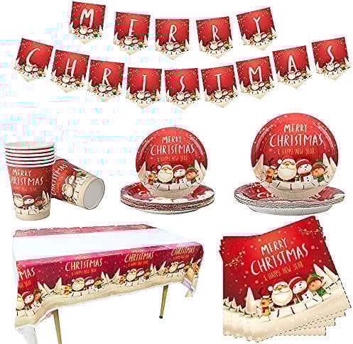Juego de vajilla de Navidad, 16 invitados, juego de vajilla desechable con pancarta de Navidad, servilleta, platos y tazas de papel de Navidad para suministros de fiesta de Navidad, decoraciones de
