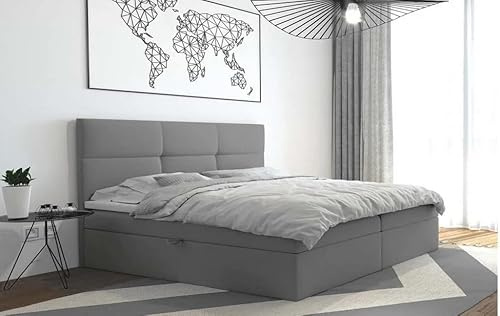 TRADA Boxspringbett 180x200 cm, TOP mit Bonallmatratze, Grau | Modern Bett mit elegant gestepptes Kopfteil und Bettkasten