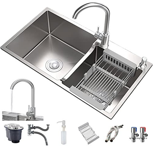 YSUEFIJO Fregadero Cocina 2 Seno Acero Inoxidable Nano Plata 3 mm de Espesor 80x45cm Fregaderos de Dos Senos Bajo Encimera Rectangular con Escurridor Agua Frío y Calor Regulable (B 8 Piezas)