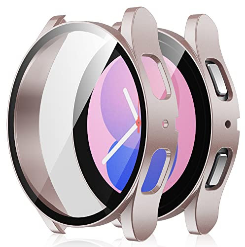 Amizee 2 Pezzi Cover Compatibile con Samsung Galaxy Watch 5/Watch 4 40mm, con Vetro Temperato Pellicola Protettiva Custodia Sottile Anti-Graffio per Galaxy Watch 4/5 40mm (Oro Rosa/Trasparente)