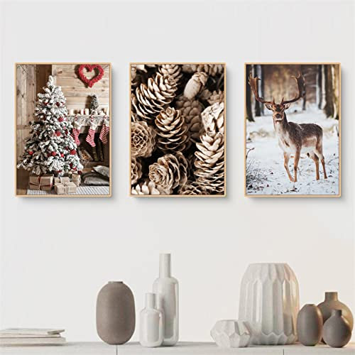 EXQULEG 3er Premium Poster Set, Moderne Natur Winter Weihnachten Tannenzapfen Elch Holzhaus Schneelandschaft Bilder,Leinwandbilder Wanddecor für Wohnzimmer Schlafzimmer Ohne Rahmen (DEF,21X30cm)