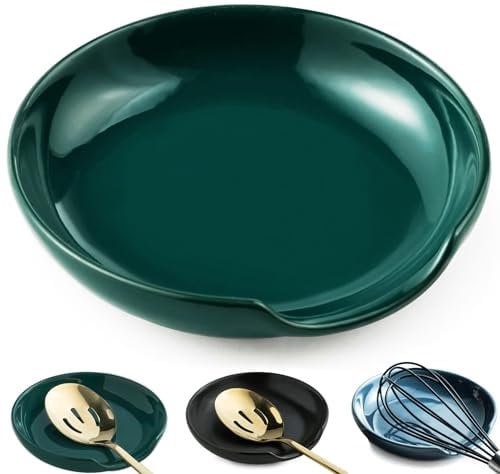 LYEOBOH Spoon Rest for Stove Top, Porcelain Spoon Holder Cooking Spoon Rest for Kitchen Counter, 5 Inch Kitchen Ladles Rest for Spatula, Tongs, Farmhouse Decor, Mother's Day Gifts, Dark Green