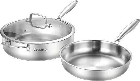 DELARLO Whole body Tri-Ply Stainless Steel Frying Pan and Sauté Pans set Oven safe induction skillet,pots and pans set,Suitable for All Stove…, Silver