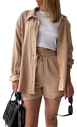 Geagodelia Damen Zweiteiler Elegant Hosenanzug Sommer Outfits Kleidung 2 Teiler Set Bluse Top + Shorts Y2k Aesthetic Clothes Loungewear Anzug (A - Khaki, L)
