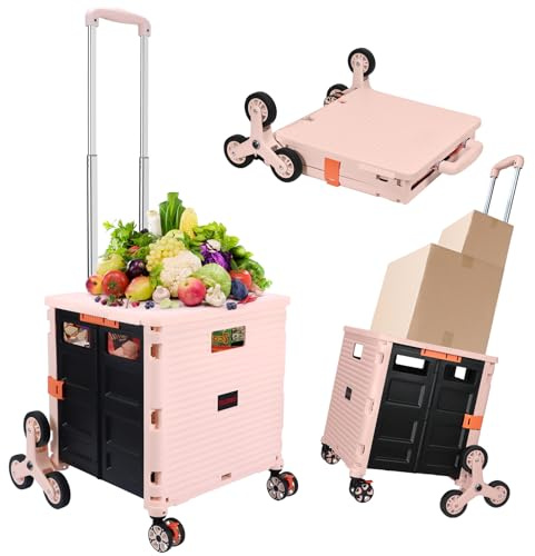 SELORSS Foldable Utility Cart Collapsible Crate Rolling Carts with Stair Climbing Wheels Rolling Tote Basket Teacher Cart with Lid Wear-Resistant 360°Rotate Wheel Noiseless for Shopping Grocery Office