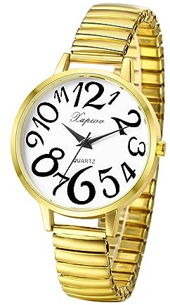 JewelryWe Uhren Damen Elastisch Metallarmband - Gold Ultradünne Analog Quarz Armbanduhr Frauen Legierung Stretch-Armband Uhr mit großen Arabischen Zahlen Weiß Zifferblatt