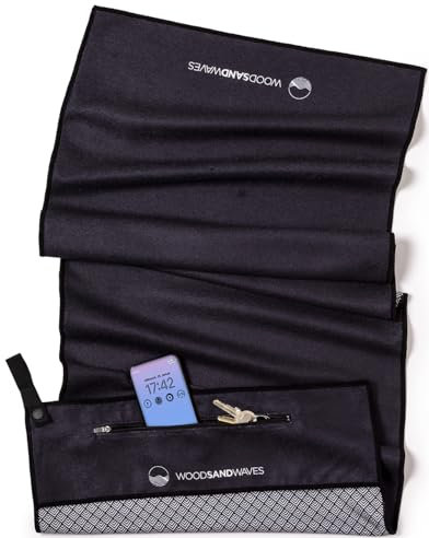 WOODSANDWAVES Sporthandtuch Fitnessstudio mit Reißverschluss Tasche & Magnet - Schnelltrocknend & rutschfest - Mikrofaser Fitness Handtuch Sport Fitnesshandtuch - Gym Handtuch & Zubehör - 130x50 cm