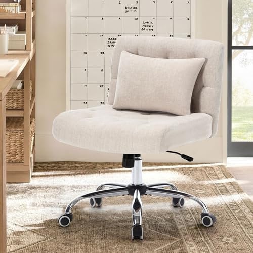WOLMICS Bürostuhl ohne Armlehnen Drehstuhl Linen Schreibtischstuhl mit Lendenkissen Schminkstuhl mit Rädern, Sessel Für Schlafzimmer/Arbeitszimmer, für Frauen, Mädchen, 160KG Belastbarkeit