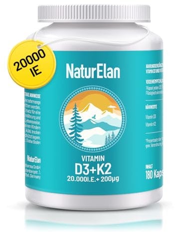 Vitamin d3 k2 kapseln hochdosiert - 20000I.E. + Vitamin K2 MK7 200 mcg pro Dosis, 180 Vegetarisch kapseln im Jahresvorrat, Ohne Zusätze, In Deutschland Produziert