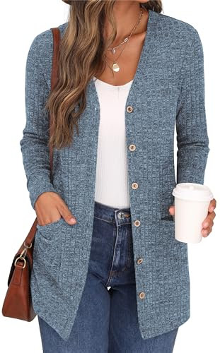 GRECERELLE Womens Cardigan Long Sleeve Open Front Cardigans Button Down V Neck Ribbed Knit Lightweight Outerwear with Pocket (Light Blue, XXL)