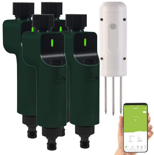 Luminea Home Control Garten-Zubehöre Pflanzen: 4X ZigBee-Bewässerungscomputer + 1x Boden-Feuchte- & Temperatursensor (Feuchtigkeits-Sensor, Garten-Bewässerungssteuerungen, Zähler)