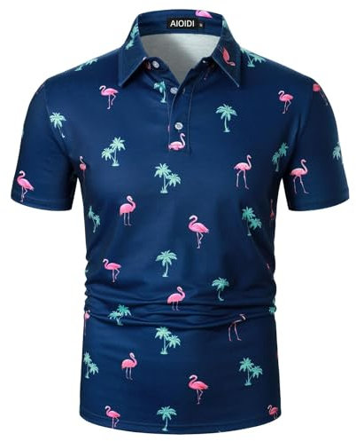 AIOIDI Polo hawaïen à manches courtes pour homme, imprimé classique, décontracté, doux, pour l'été, les vacances, la plage, Flamants roses bleus 2, M