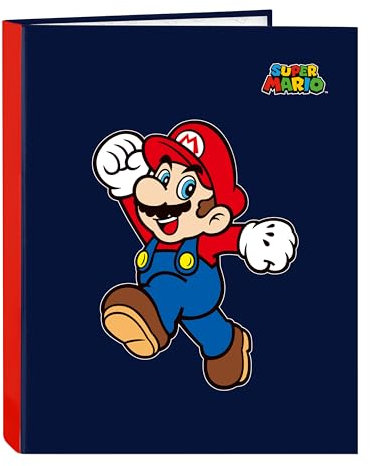 SUPER MARIO WORLD Ordner mit 4 Ringen, ideal für Kinder verschiedener Altersgruppen, bequem und vielseitig, Qualität und Widerstandsfähigkeit, 26,5 x 33 cm, Marineblau, marineblau, Estándar, Lässig