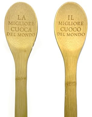 CLAMATO Cucchiaio in Legno Inciso al Laser, 2 pz - Regali per Mamme Papà Nonne Nonni – Regali festa kit da cucina – Regali divertenti di Compleanno (Il/La Migliore Cuoco/a del Mondo)