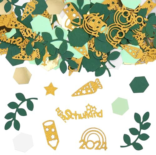 VIKY® Streudeko Einschulung Deko Konfetti Gold Grün, 200 Stk Schulanfang Deko Einschulung Junge Mädchen, Glitzer Schulkind 2024 Deko, Zuckertüten Schultüte Confetti für Tischdeko Einschulung Geschenke