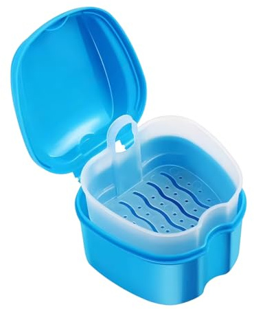 LNQ LUNIQI Reinigung Zahnspangendose mit Sieb, Kunststoff Zahnprothesen Box Klein Zahnprothesen Behälter Tragbar Prothesen Aufbewahrungsbox für Zuhause Reisen Geschäftsreise, Blau