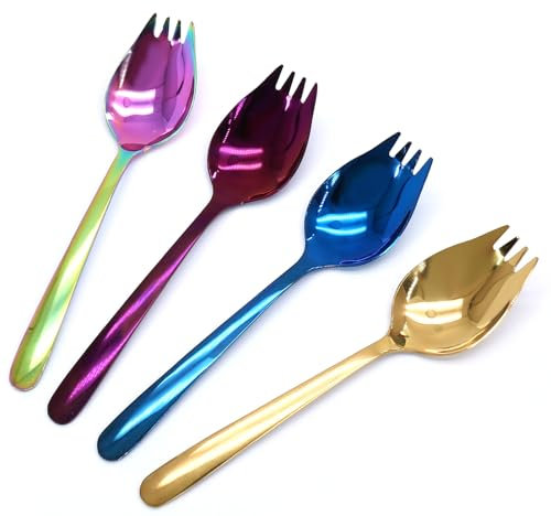 Cionyce 4 Pack Colorful Stainless Steel Sporks, 5.9 Inch Salad Forks, Fruit Appetizer Spork, Dinner Forks Set, Dessert Ice Cream Forks, Soup Spoon for Household or Camping