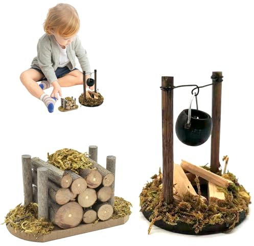Mini Lagerfeuer Wichtelzubehör,Miniatur Wichtel Zubehör Weihnachten,Miniatur-Kaminholz-Hängekamin, Wichtel Feuerstelle Miniatur Weihnachten Krippe Zubehö,Kindergeschenke (Lagerfeuer+Holzstapel)