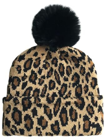 KRUIHAN Bommelmütze Damen Doppellagige Warme Mütze Damen Winter Leopardenmuster Strickmütze Beanie Damen,Khaki