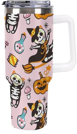 Niapessel Gobelet anti-fuite, bouteilles d'eau isothermes avec paille, motif de chat amusant dans une tasse isotherme avec poignée pour Halloween, 1,2 l, gourde en acier inoxydable pour l'école, les