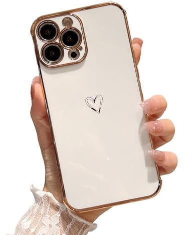 Riccase for iPhone 14 Pro Max Case Girls Women Cute Love Heart Pattern Shockproof Plated Shiny Edges Protective Slim Fit Silicone Bumper Phone Case for iPhone 14 Pro Max, White