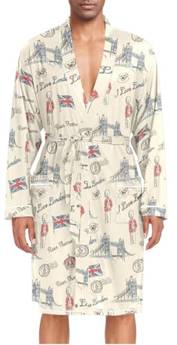 ZZXXB I Love London Herren-Nachtwäsche, Motiv: Flagge, Krone, leicht, langärmelig, Spa-Bademantel mit Taschen, Größe M-XL, beige, M