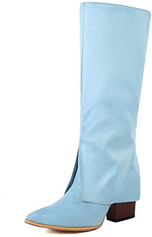 Lizoleor Tacco A Blocco Con Risvolto Donna Stivali Alti Senza Chiusura Moda Tacco Alto Appuntito Riding Lungo Stivali Western Blu Numero 38 EU/39Cn