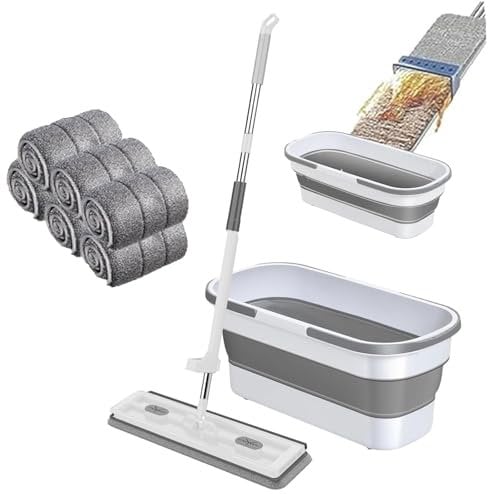 Large Flat Mop And Scalable Bucket With Wheels, 360 Degree Rotating Roseionly Mop With 6 Washable Microfiber Pads, Dewatering Scraper, Wet And Dry Use, 54 Adjustable Stainless Steel Long Handle(White