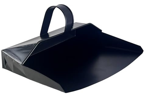 Easy Shopping® Heavy Duty Metal Dustpan with Handle Industrial Design Large Black Hooded Metal Dustpan Cleaning Scoop Also Suitable for Fireplace, Homes, Log Burners, Stoves