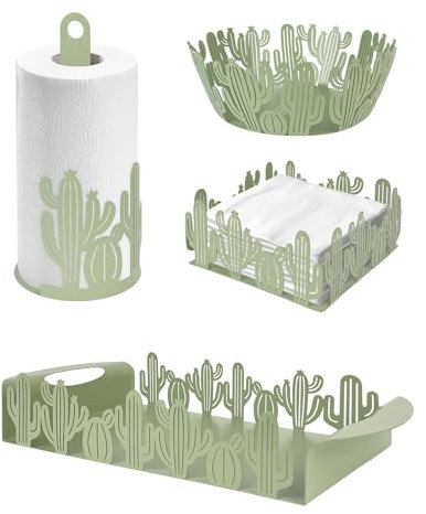 Set Accessori Cucina 2/4 Pezzi Portatovaglioli Vassoio Grande Da Portata Portafrutta Centrotavola Metallo Design Moderno Decorazioni Tavola - Cactus - 4 Pezzi