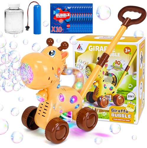 Goenb Automatische Seifenblasenmaschine, Wiederaufladbar Bubble Maker mit 10 Beuteln Seifenblasenkonzentrat Giraffe Lion Lawn Mover Bubble Blower Seifenblasen Rasenmäher mit LED-Licht für Kinder