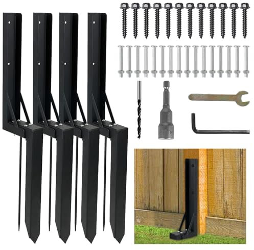 Caossuixin Duty Fence Post Repair(4 pcs), Steel Fence Repair Stakes, Fence Post Spikes Set with Nails & Wrench, Fence Post Support Stake for Repairing Damaged Gate, Sign or Mailbox