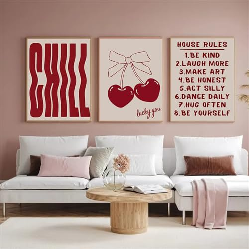 AQCQDQ 3er Set Wandbilder Poster Schleife Kirche Rund Rosa Poster Dopamin Decor, Rote Disco-Schleife Poster & Kunstdrucke Ästhetische Fliege Kirsche Leinwand Bilder Ohne Rahmen (21x30 cm,#02)