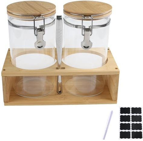 Gzsekken 2 Pack Glass Storage Jars Airtight Biscuit Jars with Lid and Wooden Shelf Glass Cookie Jar Dry Food Storage Jar Snack Tin Canister Countertop, Glass Jar For Nuts,Cookie,Candy,Sweets