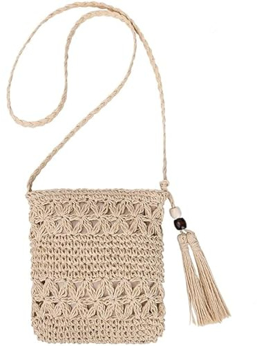 WUBAYI Strohtasche für Damen, Beige Gewebte Umhängetasche mit Quaste, Bohemian Handgemachte Schultertasche mit Reißverschluss Ideal für Urlaub Strand Reisen Alltag