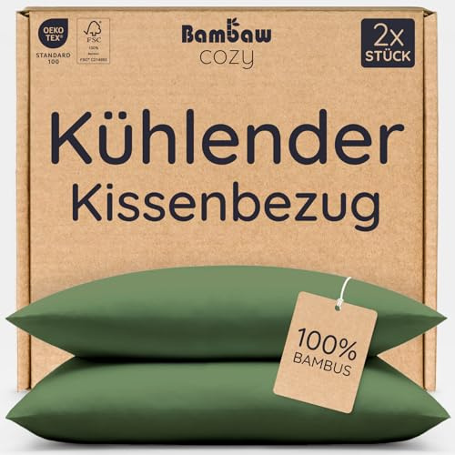 Bambaw Kissenbezüge 40x60 cm Bambus, 2-er Pack, 100% Bambusfasern, Allergie Bettwäsche, haarfreundlicher Kissenbezug hypoallergen, Kopfkissenbezug 40x60 Bambus (Olivgrün)