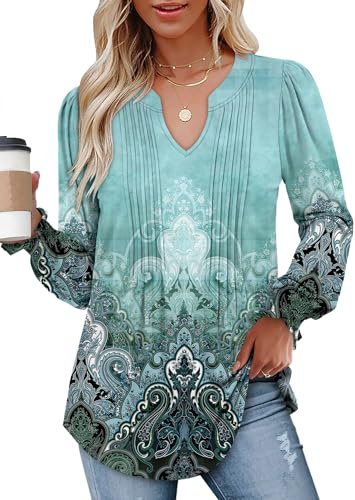 CHICZONE Women's Long Sleeve Tops V Neck Pleated Shirts Blouses Dressy Casual Tunic