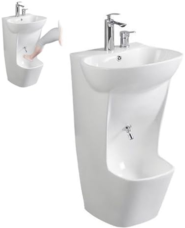 Lavabo à ablutions à deux niveaux, lavabo intégré en céramique sur pied avec robinet réglable à 360°, verticale pour le lavage des pieds et du visage, pour salle de bain(A)