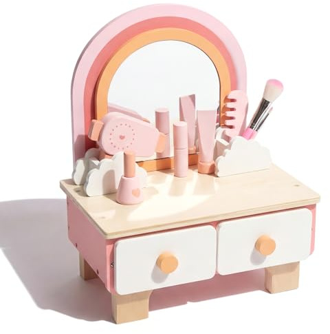 WOODENFUN Rosa Holz-Schminktisch mit 360° Spiegel & Schubladen 11tlg Make-up-Set für Mädchen ab3J(Modern, 30 x 41cm)