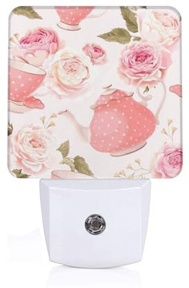 FBGHHTY Tea Cups with Roses Romantic Shabby Print Night Light for Bedroom Bathroom Hallway Led Nightlight Home Decor Lighting