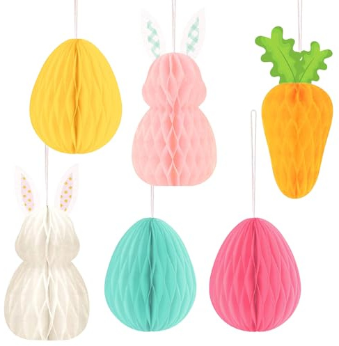 Nid d'abeille Lapin de Pâques Décorations, Pâques Décorations à Suspendre, Lapin de Paques en Papier, Réutilisables pour Décoration Intérieure et Extérieure Printemps (6PCS)