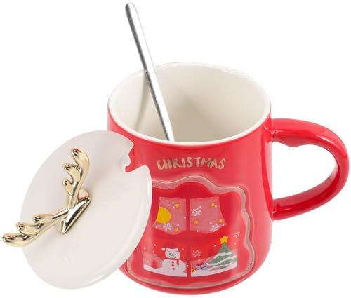 HOUDERCO Taza de Cerámica Navideña de 380ml con Tapa y Cuchara, Taza para Café, Té o Chocolate, Diseño Adorable con Astas de Ciervo Adecuado para Navidad
